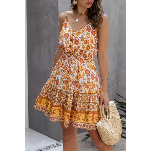 imagePRETTYGARDEN Womens Floral V Neck Spaghetti Strap Button Down Sundress Swing Ruffle Summer Mini Short DressYyellow