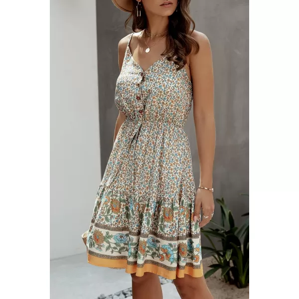 imagePRETTYGARDEN Womens Floral V Neck Spaghetti Strap Button Down Sundress Swing Ruffle Summer Mini Short DressZapricot