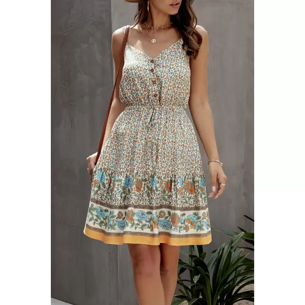 imagePRETTYGARDEN Womens Floral V Neck Spaghetti Strap Button Down Sundress Swing Ruffle Summer Mini Short DressZapricot