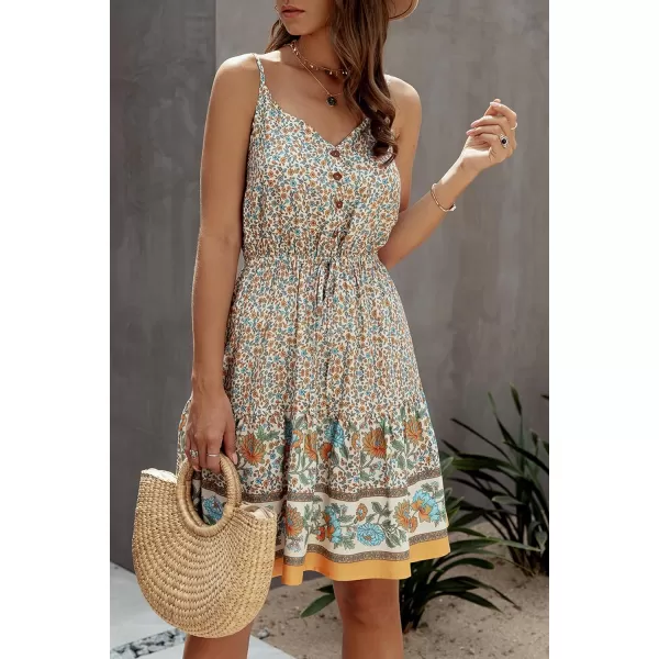 imagePRETTYGARDEN Womens Floral V Neck Spaghetti Strap Button Down Sundress Swing Ruffle Summer Mini Short DressZapricot