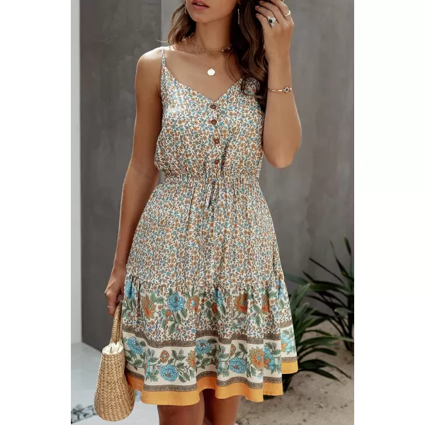 imagePRETTYGARDEN Womens Floral V Neck Spaghetti Strap Button Down Sundress Swing Ruffle Summer Mini Short DressZapricot