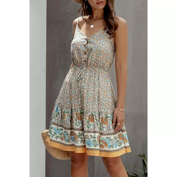 imagePRETTYGARDEN Womens Floral V Neck Spaghetti Strap Button Down Sundress Swing Ruffle Summer Mini Short DressZapricot