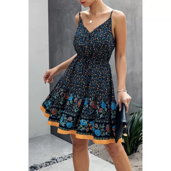 imagePRETTYGARDEN Womens Floral V Neck Spaghetti Strap Button Down Sundress Swing Ruffle Summer Mini Short DressZnavy