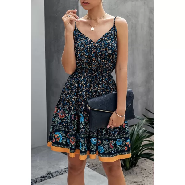 imagePRETTYGARDEN Womens Floral V Neck Spaghetti Strap Button Down Sundress Swing Ruffle Summer Mini Short DressZnavy