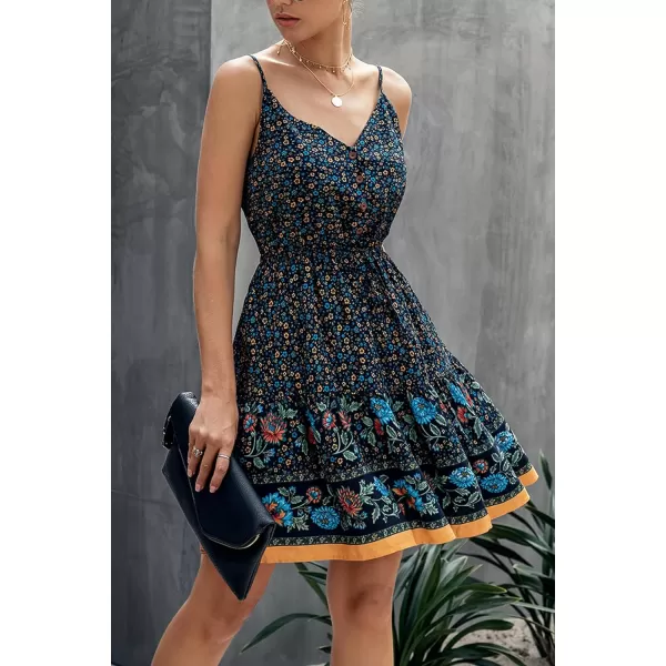 imagePRETTYGARDEN Womens Floral V Neck Spaghetti Strap Button Down Sundress Swing Ruffle Summer Mini Short DressZnavy