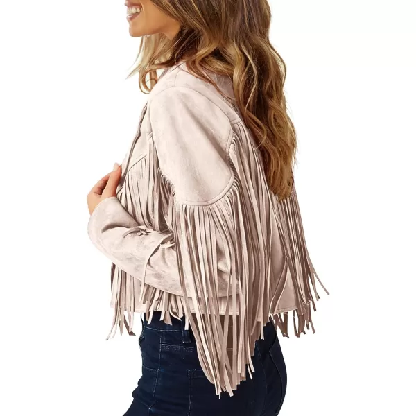 imagePRETTYGARDEN Womens Fringe Faux Suede Leather Jackets 2023 Fashion Tassel Motorcycle Cropped CoatsBeige Apricot