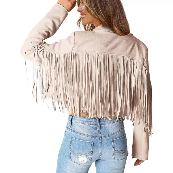 imagePRETTYGARDEN Womens Fringe Faux Suede Leather Jackets 2023 Fashion Tassel Motorcycle Cropped CoatsBeige Apricot