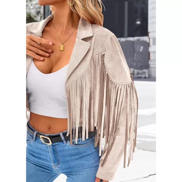 imagePRETTYGARDEN Womens Fringe Faux Suede Leather Jackets 2023 Fashion Tassel Motorcycle Cropped CoatsBeige Apricot