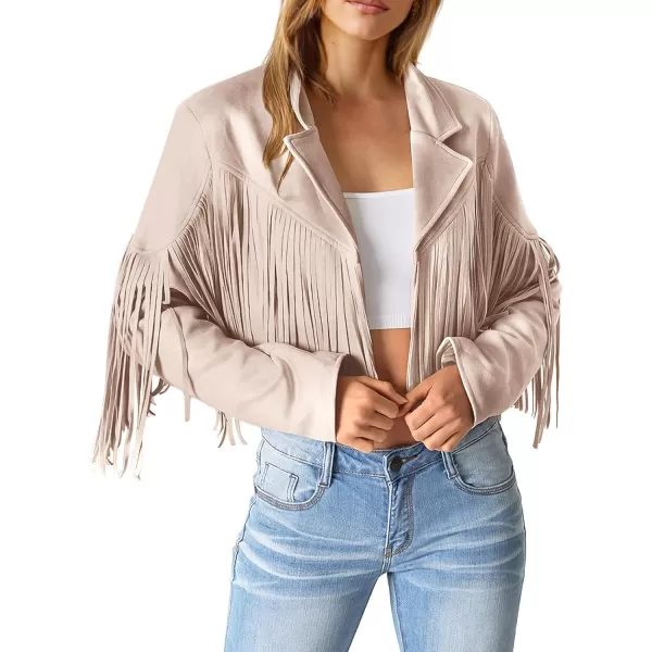 imagePRETTYGARDEN Womens Fringe Faux Suede Leather Jackets 2023 Fashion Tassel Motorcycle Cropped CoatsBeige Apricot