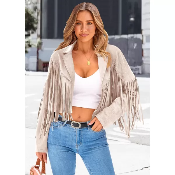 imagePRETTYGARDEN Womens Fringe Faux Suede Leather Jackets 2023 Fashion Tassel Motorcycle Cropped CoatsBeige Apricot