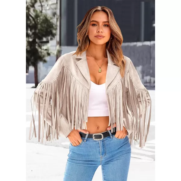 imagePRETTYGARDEN Womens Fringe Faux Suede Leather Jackets 2023 Fashion Tassel Motorcycle Cropped CoatsBeige Apricot