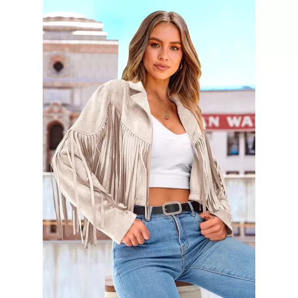 imagePRETTYGARDEN Womens Fringe Faux Suede Leather Jackets 2023 Fashion Tassel Motorcycle Cropped CoatsBeige Apricot