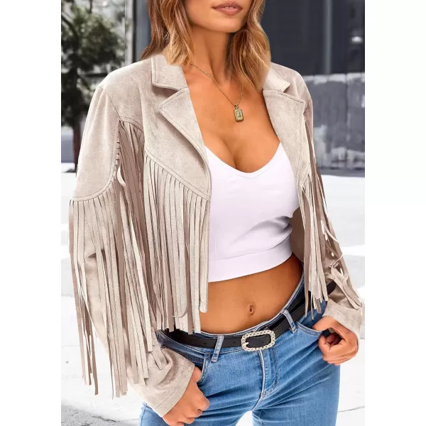 imagePRETTYGARDEN Womens Fringe Faux Suede Leather Jackets 2023 Fashion Tassel Motorcycle Cropped CoatsBeige Apricot