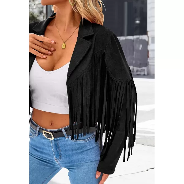 imagePRETTYGARDEN Womens Fringe Faux Suede Leather Jackets 2023 Fashion Tassel Motorcycle Cropped CoatsBlack