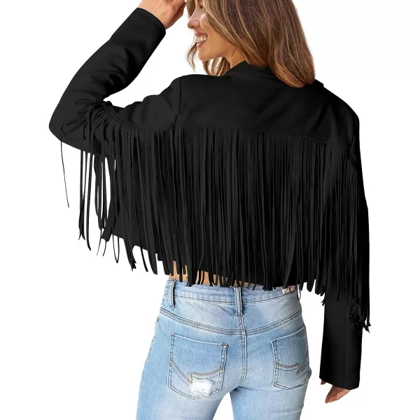 imagePRETTYGARDEN Womens Fringe Faux Suede Leather Jackets 2023 Fashion Tassel Motorcycle Cropped CoatsBlack
