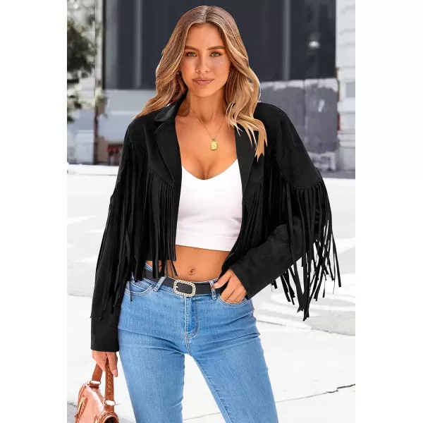 imagePRETTYGARDEN Womens Fringe Faux Suede Leather Jackets 2023 Fashion Tassel Motorcycle Cropped CoatsBlack
