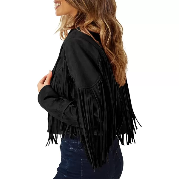 imagePRETTYGARDEN Womens Fringe Faux Suede Leather Jackets 2023 Fashion Tassel Motorcycle Cropped CoatsBlack