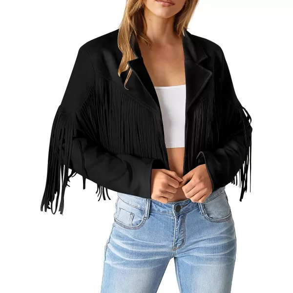 imagePRETTYGARDEN Womens Fringe Faux Suede Leather Jackets 2023 Fashion Tassel Motorcycle Cropped CoatsBlack