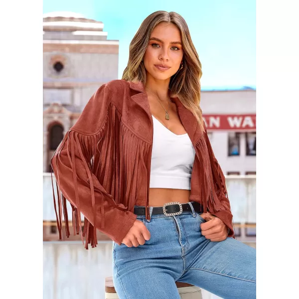 imagePRETTYGARDEN Womens Fringe Faux Suede Leather Jackets 2023 Fashion Tassel Motorcycle Cropped CoatsBrick Red