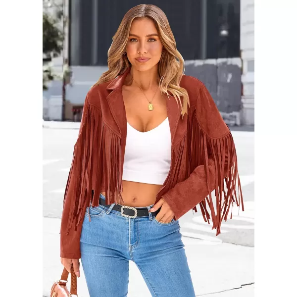 imagePRETTYGARDEN Womens Fringe Faux Suede Leather Jackets 2023 Fashion Tassel Motorcycle Cropped CoatsBrick Red