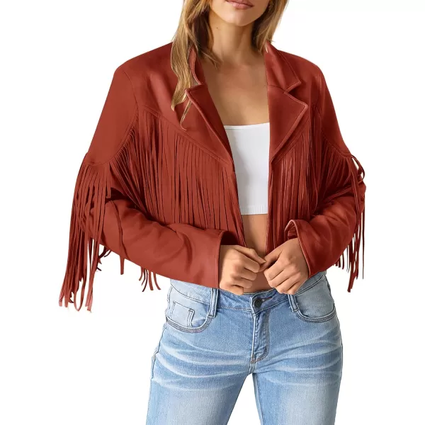 imagePRETTYGARDEN Womens Fringe Faux Suede Leather Jackets 2023 Fashion Tassel Motorcycle Cropped CoatsBrick Red