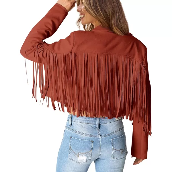 imagePRETTYGARDEN Womens Fringe Faux Suede Leather Jackets 2023 Fashion Tassel Motorcycle Cropped CoatsBrick Red
