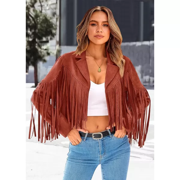 imagePRETTYGARDEN Womens Fringe Faux Suede Leather Jackets 2023 Fashion Tassel Motorcycle Cropped CoatsBrick Red