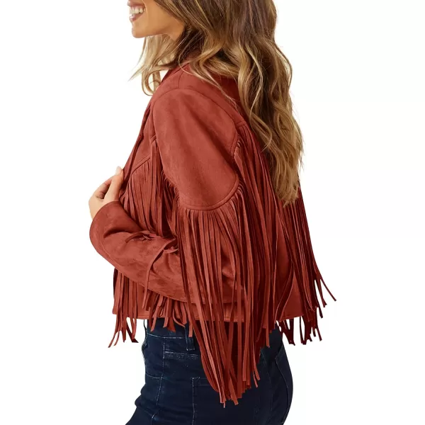 imagePRETTYGARDEN Womens Fringe Faux Suede Leather Jackets 2023 Fashion Tassel Motorcycle Cropped CoatsBrick Red