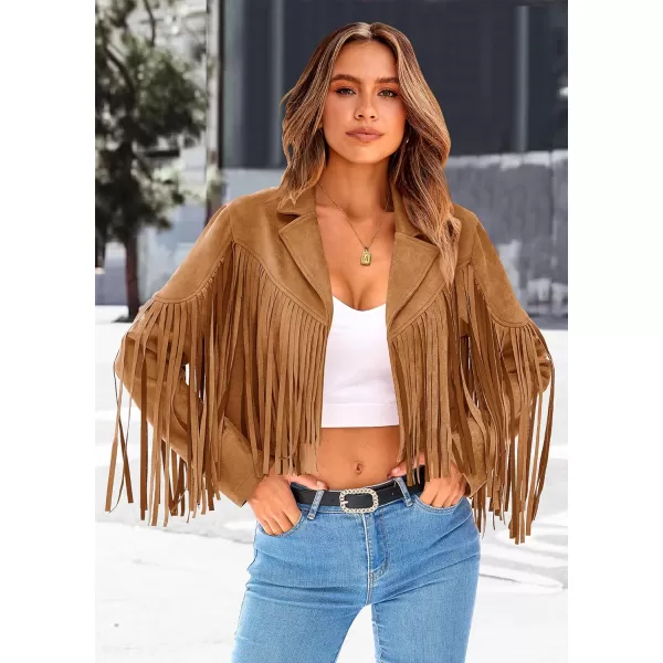 imagePRETTYGARDEN Womens Fringe Faux Suede Leather Jackets 2023 Fashion Tassel Motorcycle Cropped CoatsBrown Yellow