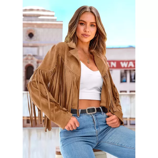 imagePRETTYGARDEN Womens Fringe Faux Suede Leather Jackets 2023 Fashion Tassel Motorcycle Cropped CoatsBrown Yellow