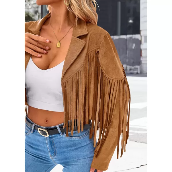 imagePRETTYGARDEN Womens Fringe Faux Suede Leather Jackets 2023 Fashion Tassel Motorcycle Cropped CoatsBrown Yellow