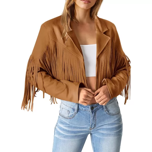 imagePRETTYGARDEN Womens Fringe Faux Suede Leather Jackets 2023 Fashion Tassel Motorcycle Cropped CoatsBrown Yellow