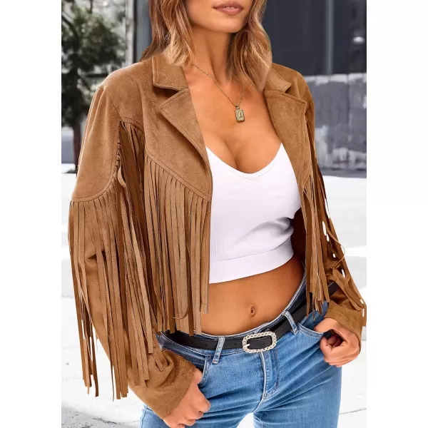 imagePRETTYGARDEN Womens Fringe Faux Suede Leather Jackets 2023 Fashion Tassel Motorcycle Cropped CoatsBrown Yellow