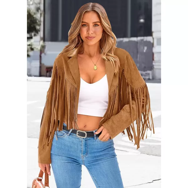imagePRETTYGARDEN Womens Fringe Faux Suede Leather Jackets 2023 Fashion Tassel Motorcycle Cropped CoatsBrown Yellow