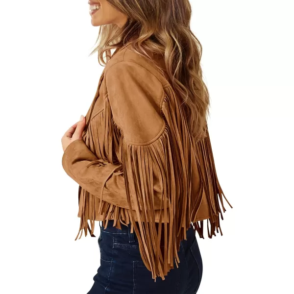 imagePRETTYGARDEN Womens Fringe Faux Suede Leather Jackets 2023 Fashion Tassel Motorcycle Cropped CoatsBrown Yellow