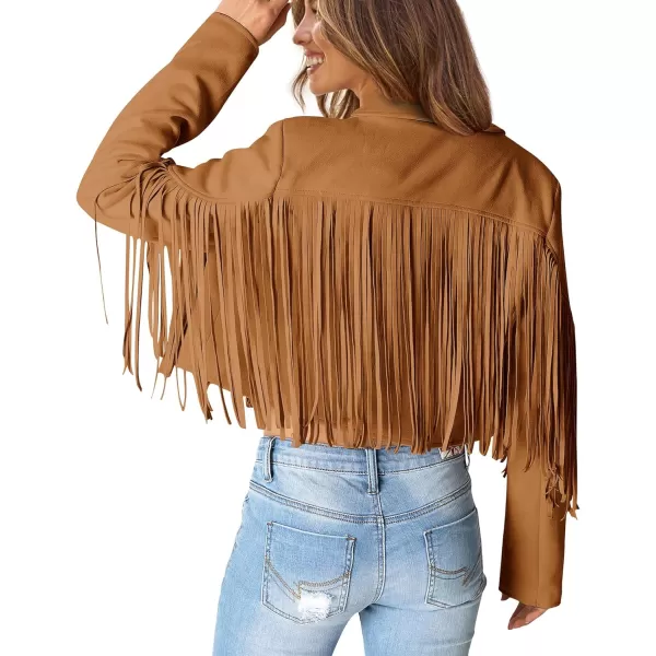 imagePRETTYGARDEN Womens Fringe Faux Suede Leather Jackets 2023 Fashion Tassel Motorcycle Cropped CoatsBrown Yellow