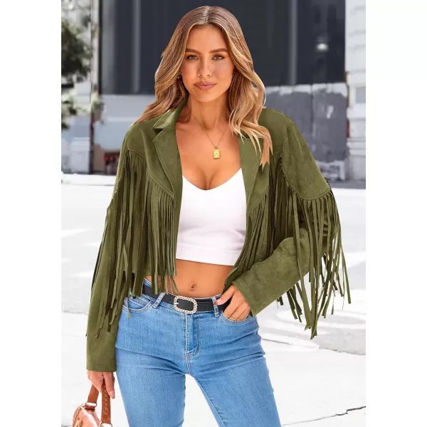 imagePRETTYGARDEN Womens Fringe Faux Suede Leather Jackets 2023 Fashion Tassel Motorcycle Cropped CoatsDark Army Green