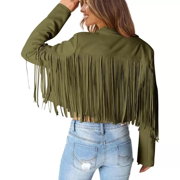 imagePRETTYGARDEN Womens Fringe Faux Suede Leather Jackets 2023 Fashion Tassel Motorcycle Cropped CoatsDark Army Green