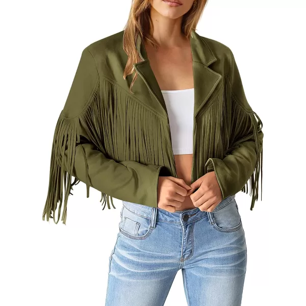 imagePRETTYGARDEN Womens Fringe Faux Suede Leather Jackets 2023 Fashion Tassel Motorcycle Cropped CoatsDark Army Green