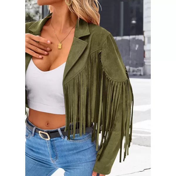 imagePRETTYGARDEN Womens Fringe Faux Suede Leather Jackets 2023 Fashion Tassel Motorcycle Cropped CoatsDark Army Green