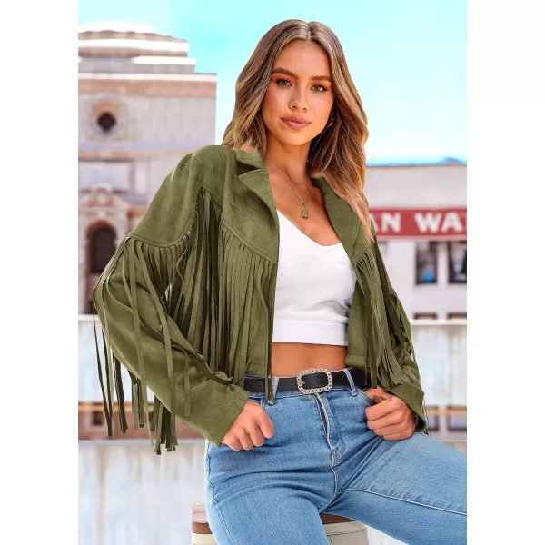 imagePRETTYGARDEN Womens Fringe Faux Suede Leather Jackets 2023 Fashion Tassel Motorcycle Cropped CoatsDark Army Green