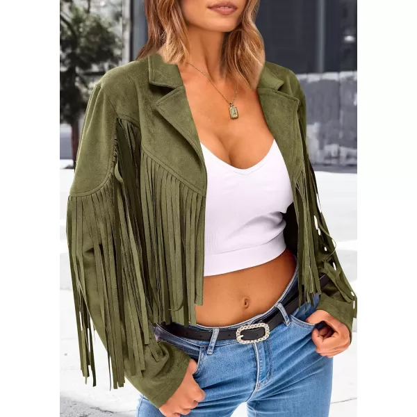 imagePRETTYGARDEN Womens Fringe Faux Suede Leather Jackets 2023 Fashion Tassel Motorcycle Cropped CoatsDark Army Green