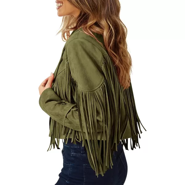 imagePRETTYGARDEN Womens Fringe Faux Suede Leather Jackets 2023 Fashion Tassel Motorcycle Cropped CoatsDark Army Green