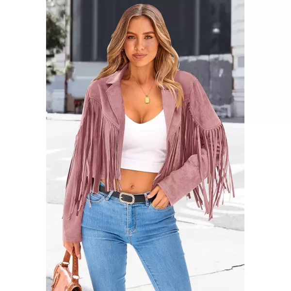 imagePRETTYGARDEN Womens Fringe Faux Suede Leather Jackets 2023 Fashion Tassel Motorcycle Cropped CoatsDark Pink
