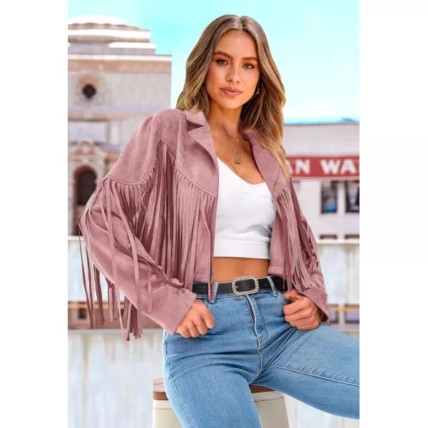 imagePRETTYGARDEN Womens Fringe Faux Suede Leather Jackets 2023 Fashion Tassel Motorcycle Cropped CoatsDark Pink