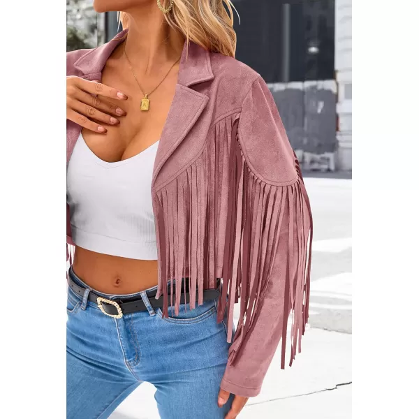 imagePRETTYGARDEN Womens Fringe Faux Suede Leather Jackets 2023 Fashion Tassel Motorcycle Cropped CoatsDark Pink
