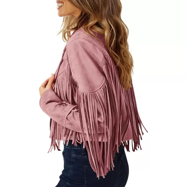 imagePRETTYGARDEN Womens Fringe Faux Suede Leather Jackets 2023 Fashion Tassel Motorcycle Cropped CoatsDark Pink