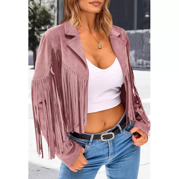 imagePRETTYGARDEN Womens Fringe Faux Suede Leather Jackets 2023 Fashion Tassel Motorcycle Cropped CoatsDark Pink