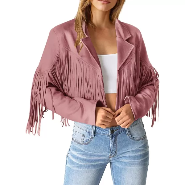 imagePRETTYGARDEN Womens Fringe Faux Suede Leather Jackets 2023 Fashion Tassel Motorcycle Cropped CoatsDark Pink