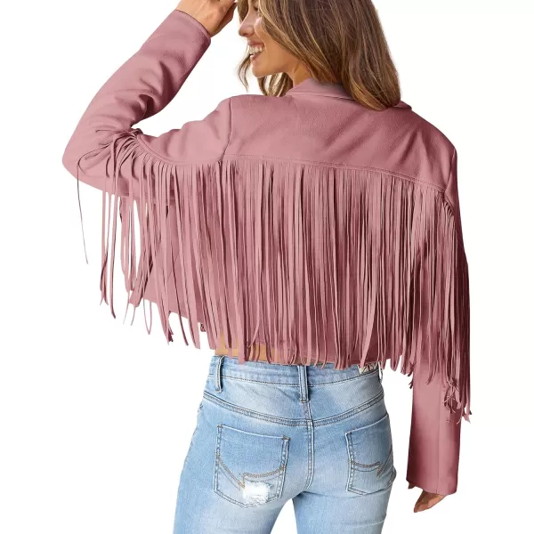 imagePRETTYGARDEN Womens Fringe Faux Suede Leather Jackets 2023 Fashion Tassel Motorcycle Cropped CoatsDark Pink